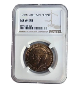 1919 GREAT BRITAIN PENNY / NGC MINT STATE 64 RED BROWN - Picture 1 of 6