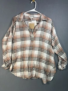 NWT Blu Pepper Plaid Blouse Fall Wm Large Open No Button Collared 3/4 Sleeve - Picture 1 of 8
