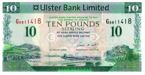 Northern Ireland 10 Pounds 2008 UNC Banknote P-341a Prefix G Ulster Bank - Picture 1 of 2