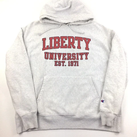 Liberty University Champion Reverse Weave Hoodie Sweatshirt Spell Out Logo Sz XL Cover