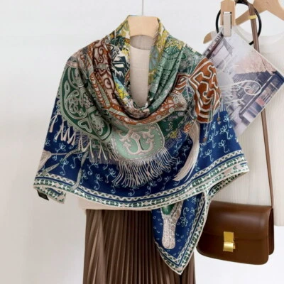 70% Cashmere & 30% Silk Wrap Scarf Stole Knight Print Square Shawl 53" blue new - Image 1 of 4