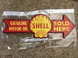 Letrero metálico de flecha de aceite de motor de gasolinera de 24" Shell Gasoline VENDIDO AQUÍ NUEVO - Imagen 1 de 4