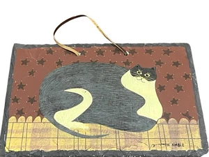 Warren Kimble Primitive Happy Fat Cat Slate Leather Hanging Plaque Signed 8x12 - Picture 1 of 6