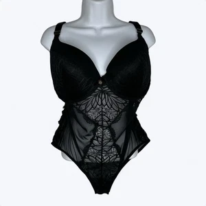 Daisy Fuentes Sexy Lingerie Bodysuit Size 1X Black One Piece Lace Mesh Padded - Picture 1 of 17