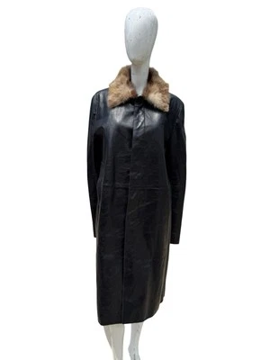 Vintage COSTUME NATIONAL HOMME Black Leather Coat Overcoat With Fur Collar Sz 50 - Image 1 of 4