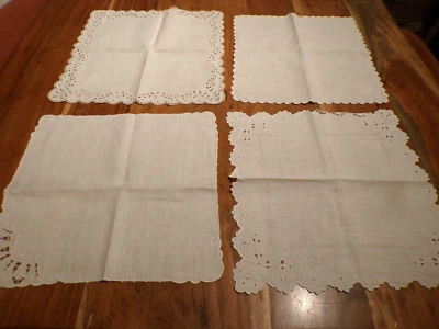 Linge ancien Lot de 4 Mouchoirs  différents avec dentelle et broderies - Photo 1/4