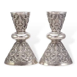 VINTAGE THAILAND Sterling Silver Repoussé Buddha Candlestick Candle Holder 739g - Picture 1 of 6