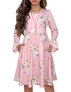 Arshiner Girls Long Sleeve Pink Floral Casual Dress For Girl's 12-13 Years - Picture 1 of 6