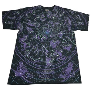 Vintage 90s Liquid Blue Constellation Astrology All Over Print Zodiac Tee Shirt - Picture 1 of 10