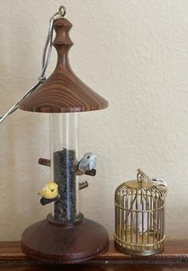 2 Bird Hanging Chirstmas Ornaments Wooden Bird Feeder Bird In Birdcage - Picture 1 of 4
