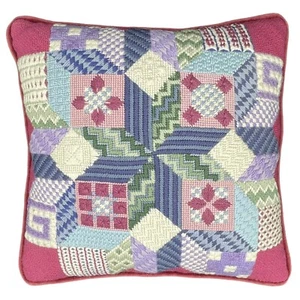 Wool Needlepoint Quilt Collage Pillow Cover Velvet Back 12x12 Cottage Core - Picture 1 of 6