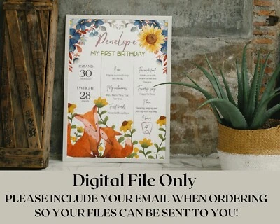Печатная доска для первого дня рождения вехи цветы лиса акварель вечеринка печать в формате PDF - Изображение 1 из 3
