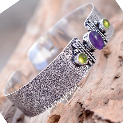 Amethyst & Peridot Gemstone 925 Sterling Silver Bangle Cuff For Festival Gift - Image 1 of 4