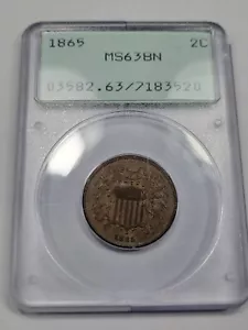 1865 2c Two Cent Piece PCGS MS63 BN RATTLER OGH Scarce Type *J241 - Picture 1 of 3