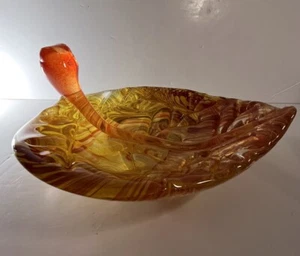 Kosta Boda Wide Life Orange Yellow Clear Art Glass Leaf Bowl Signed L Lofgren - Picture 1 of 21