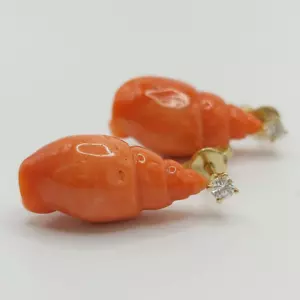 Pendientes de coral, oro de 18kt y diamantes, coral mediterráneo natural, tallados a mano - Imagen 1 de 5