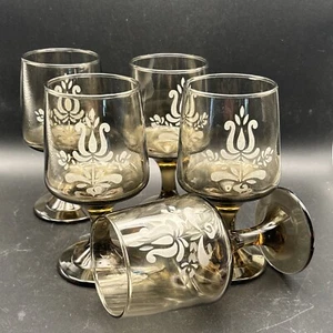 Vtg Libbey Pfaltzgraff Village Etched Smoke Wine Glasses 8oz EUC Primitive Folk - Picture 1 of 4