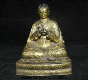 8,4 Zoll alte Tibet Buddhismus Kupfer vergoldet Je Tsongkhapa Lama Guru Meister Buddha Statue - Bild 1 von 11