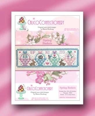 SPRING BASKETS cross stitch pattern CalicoConfectionery Easter Bunny Bluebird - Image 1 of 2