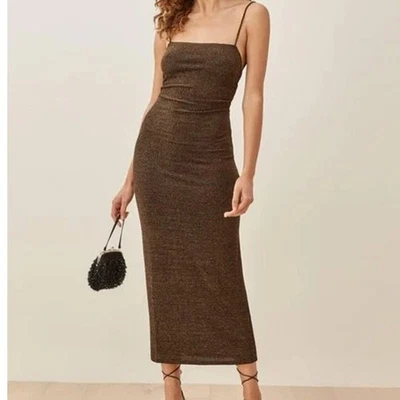 Reformation NWOT Breslin Brown Gold Sparkle Square Neck Knot Back Slip Dress XS - Image 1 of 4