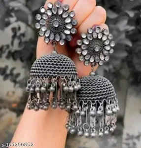 Indian Bollywood Oxidized Silver Jhumka Beautiful Kundan Traditional Earring - Picture 1 of 4