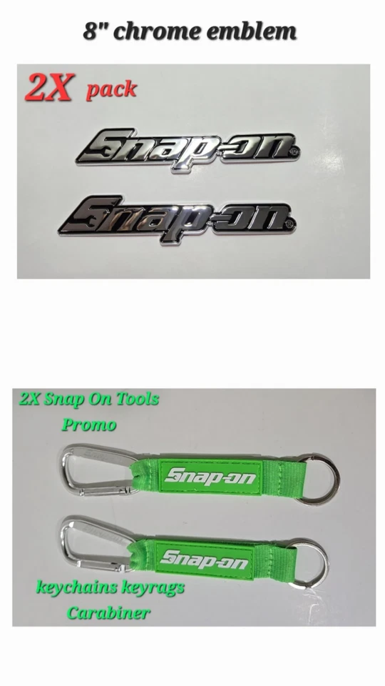 2PK SNAP ON TOOLS LOGO EMBLEM Chrome Badge Decal + 2X Keytags Green Carabiner!!! - Image 1 of 4