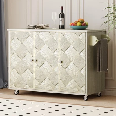 Rolling Solid Wood Handwoven Kitchen Island with Drop Leaf Internal Storage Rack - Image 1 of 4