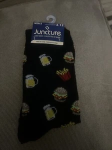 Novelty Gift Mens Socks 6-12 Black Hamburger Beer Fries Gift NWT - Picture 1 of 3