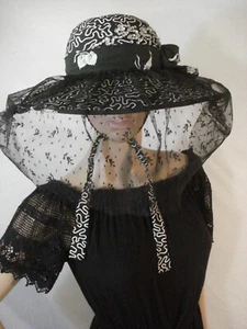 Wide Brim Hat Veiled Black & White Glam Chic Victorian Derby Hat Custom Made - Picture 1 of 12
