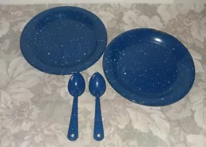Piatti e cucchiai vintage in granito blu / 4 pezzi - Foto 1 di 3