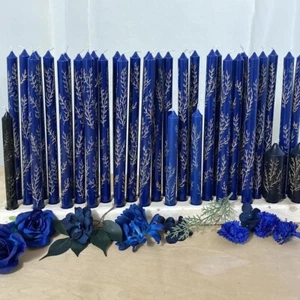 Set Of (12) 12” Navy Blue hand engraved gold leaf Taper Candle sticks - Picture 1 of 2