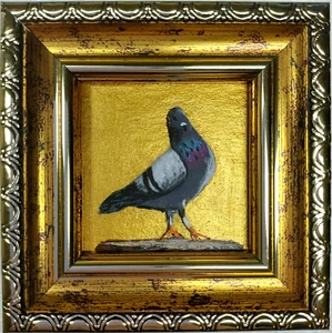Pigeon painting Portrait dove painting Gold Framed small art 2x2 bird hand-paint - Picture 1 of 10