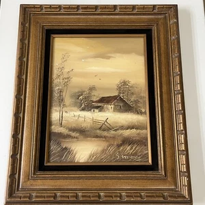 Vintage Farm Barn MCM Oil Painting Signed S. Stenton 23X19 Landscape Painting - Picture 1 of 12