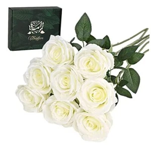  Fake White Roses Artificial Flowers Bulk, Real Touch Silk Faux 8 Pcs A-white - Picture 1 of 7