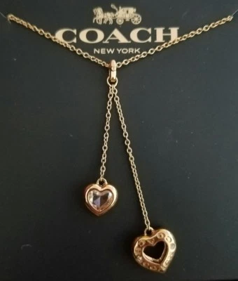 NUEVO EN CAJA DE REGALO COACH 2 CORAZONES GOTA Collar Oro Rosa F27144 $75 Foto 1 de 2