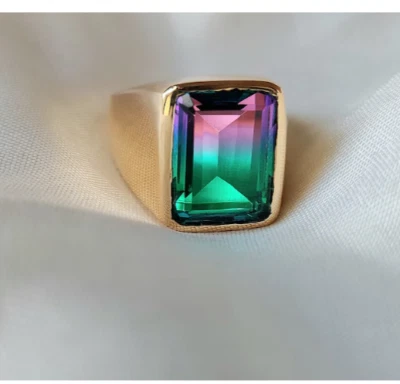 Anillo Turmalina Sandía, Anillo Chapado en Oro Amarillo 14K Piedras Preciosas Doble Color Foto 1 de 4