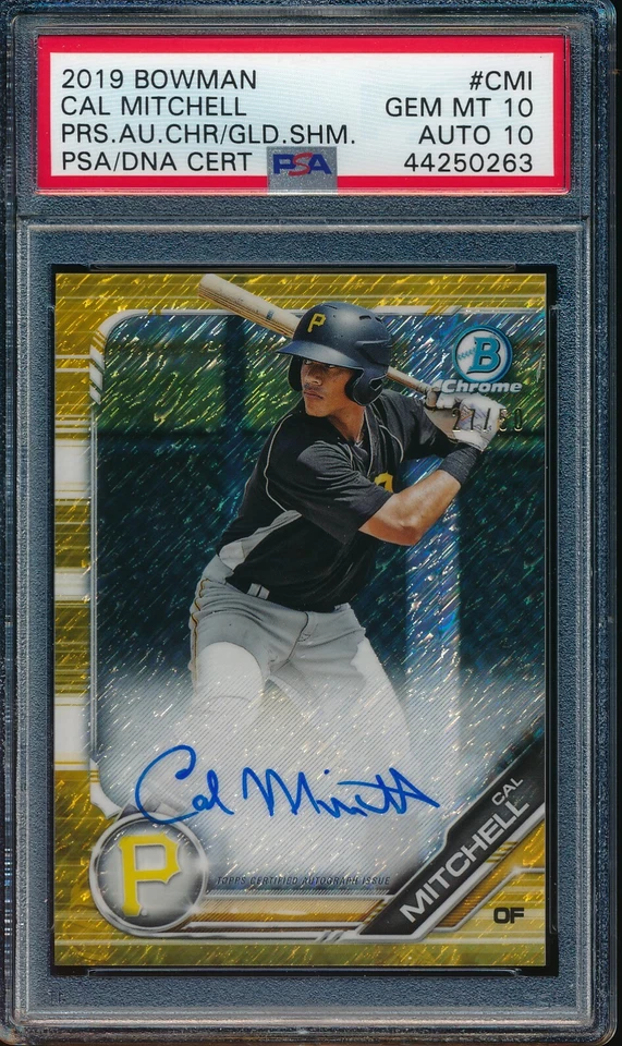 PSA 10/10 CAL MITCHELL AUTO 2019 Bowman Chrome GOLD SHIM REFRACTOR #/50 GEM MINT - Image 1 of 1