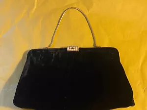 Ande Vintage Classic Black Velvet Purse W/ Stone Clasp Closure 5.5x12 - Picture 1 of 7