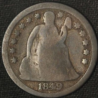 Moneda de diez centavos libertad sentada 1849 - daños - envío gratuito a EE. UU. Foto 1 de 3