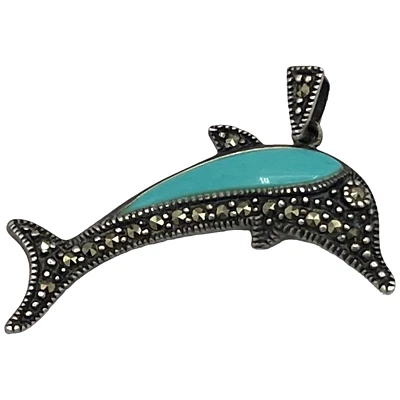 Sterling Silver 925 Marcasite Dolphin Pendant with Blue Inlay - Image 1 of 4