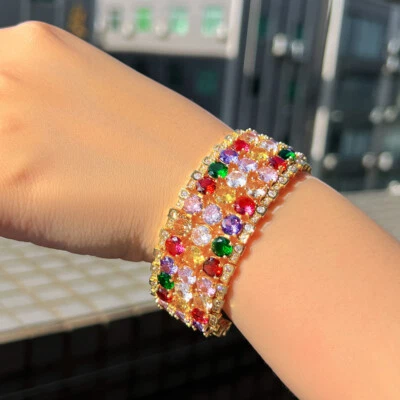 Brazalete grande tenis redondo multicolor circonita cúbica boho chapado en oro amarillo joyería Foto 1 de 4
