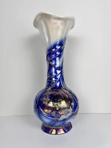 Hermoso Enorme Jarrón Vintage Porcelana Azul Cobalto Dorado Decoración del Hogar Flora Firmado - Imagen 1 de 8