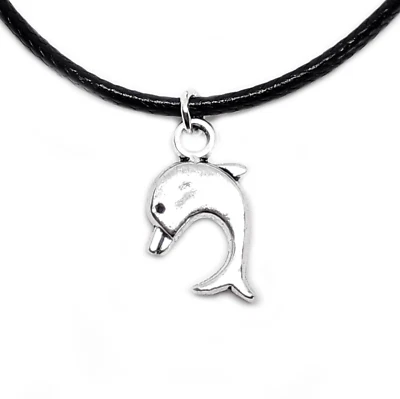 Collana con DELFINO Argento Portafortuna in corda nera tipo caucciu Uomo e Donna - Immagine 1 di 4