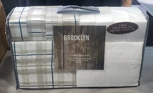BROOKLYN LOOM SOFT TOUCH 12 PC SHEET SET QUEEN, WHITE/TAN & NAVY PLAID *NEW - Picture 1 of 2