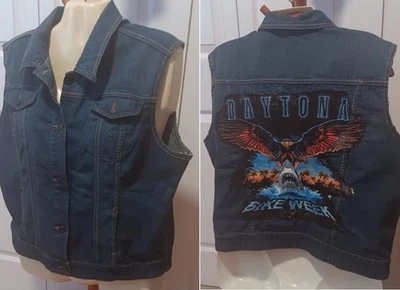 FADED GLORY XL Denim Daytona Bicicleta Semana Botón Chaleco con Bolsillos Hágalo Usted Mismo Tiburón y Águila Foto 1 de 4