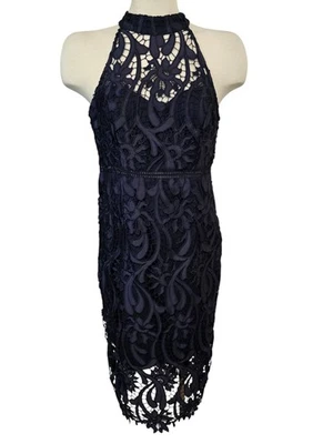 Bardot Isa Cocktail Dress Womans 8 Navy Blue Lace Halter Lined Evening Party  - Image 1 of 4