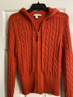 Tommy Hilfiger Sweater Cable Knit Womens Large Hoodie Orange Striped Full Zip - Image 1 of 4