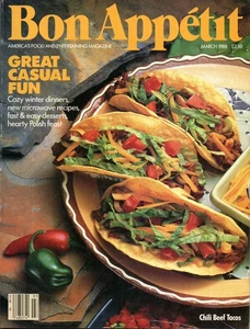 Bon Appétit March 1988 Chili Beef Tacos Vintage Desserts Kauai Seafood Expert - Imagen 1 de 3