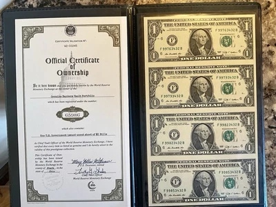 World Reserve Monetary Exchange Uncut Sheet 2009 $1 US Dollar Bills  & COA - Image 1 of 4
