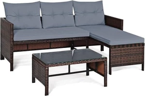 3PCS Rattan Garden Furniture Set, Outdoor L-Shaped Corner Sofa Set with Chaise L - Picture 1 of 11